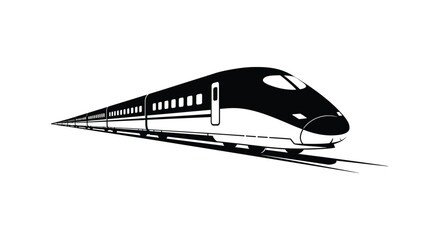 a black and white illustration of a bullet train on tracks