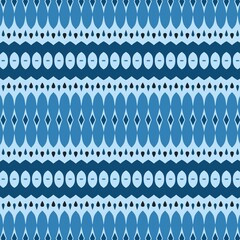 This seamless geometric pattern features abstract horizontal stripes with ethnic oval, diamond, and teardrop motifs, creating a detailed textile design in a monochromatic blue palette