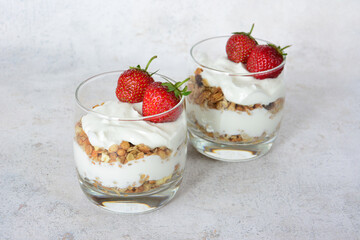 Yogurt Parfaits with Strawberries and oat flakes healthy breakfast