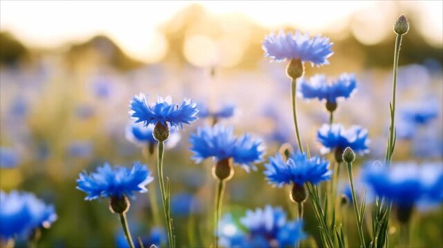 Beautiful blue cornflowers field sunset