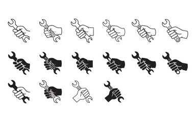 hand holding wrench icon set, repair and maintenance vector illustrations fixing tasks, icon for mobile or web design
