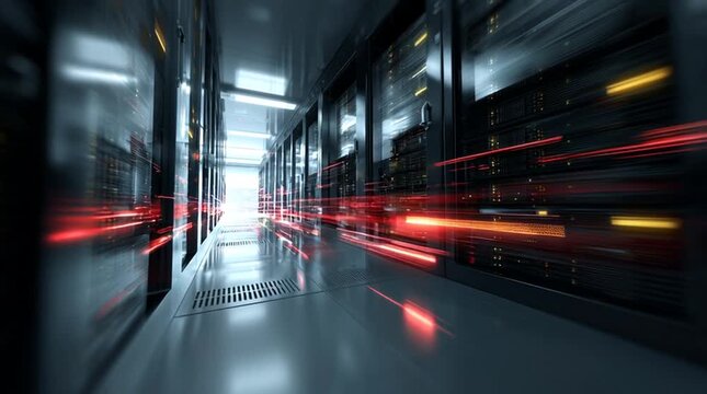 High-speed data center with futuristic server racks and glowing red light trails, symbolizing fast computing, AI, big data, cloud technology, and advanced digital infrastructure.