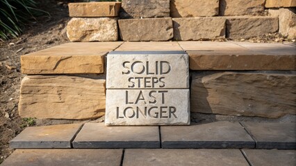 Stone sign on steps emphasizing durability and strength