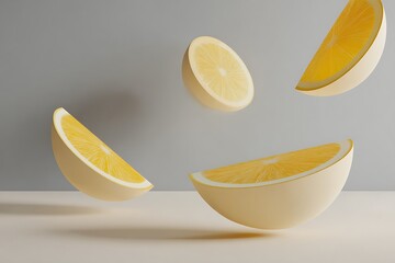Vibrant lemon slices suspended in air create a refreshing and dynamic visual for healthy lifestyle and citrus product marketing