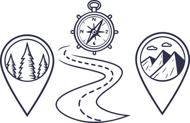 Travel Road Trip Icon Set. Road Trip Scene Illustration. Late Summer Travel Icons. Autumn Getaway Icon Collection. Travel Adventure Icon Design. Scenic Road Trip Graphics. Vacation Trip Icon Set