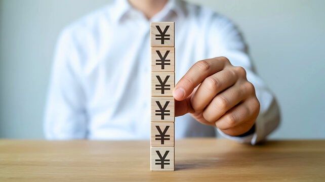 A man's hand building a tower from wooden blocks with the Japanese Yen symbol, illustrating wealth management and financial planning