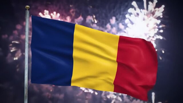 National flag of Chad waving majestically against a backdrop of vibrant fireworks.