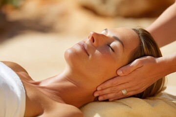 Obraz premium A woman enjoys a relaxing head massage outdoors, eyes closed, basking in warmth and tranquility