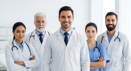 Fototapeta premium Diverse Medical Team Portrait Smiling Professionals with Stethoscopes and White Coats Represents Healthcare Excellence and Collaborative Patient Care in a Modern Hospital Setting