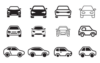 Fototapeta premium car front view icons set, auto vehicle isolated, automobile silhouette front view, flat vector icon, car sign and symbol