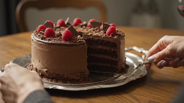 POV. Chocolate cake with raspberries being served on a silver tray 