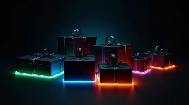 Black gift boxes with neon light bases ribbon glowing