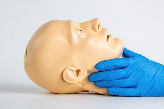 A gloved hand holds a CPR training mannequin's head, demonstrating a life-saving medical technique on a white background - Powered by Adobe