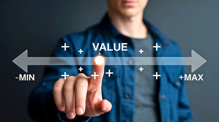 Digital value adjustment A hand fine-tuning a slider from minimum to maximum, embodying strategic parameter setting and precise control for optimal decision-making