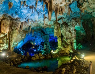 Cave interior, illuminated by colorful lights