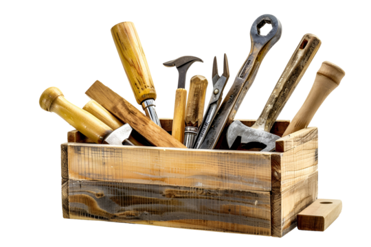 Old tools in wooden box rustic craftsmanship