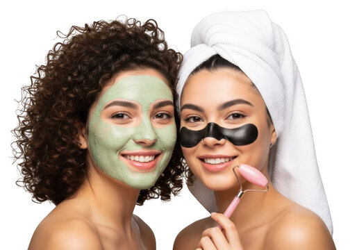 Two women enjoying skincare routine with facial masks and beauty roller isolated on transparent background