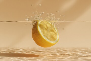 Vibrant lemon half splashes into clear liquid creating refreshing ripples and dynamic water droplets