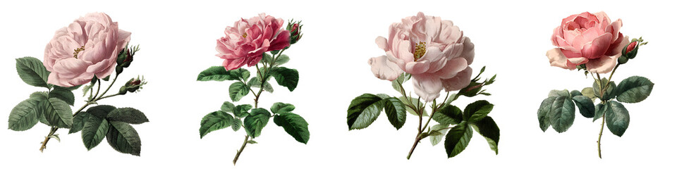 Set of Vintage Rose Flowers on a Transparent Background.