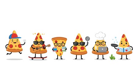 Naklejka premium 2D flat cartoon illustration of multiple pizza slice characters