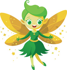 Cartoon fairy with green hair, dress and yellow wings