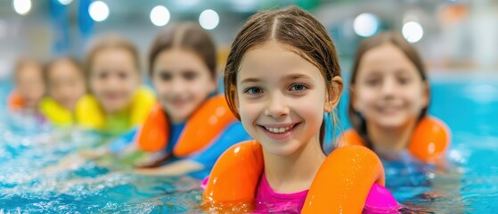 A group of smiling children wearing floatation devices enjoy swimming together in an indoor pool