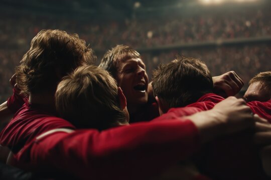 A group of athletes in red jerseys celebrate together in a stadium, embracing passionately amid a cheering crowd