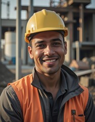 Happy mixed race construction site worker looking at camera Professional Worker Portrait Ultra realistic Photorealistic  capture subject in a way that resembles a still frame from a movie cinemati