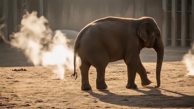 Elephant peeing at golden hour on sandy ground