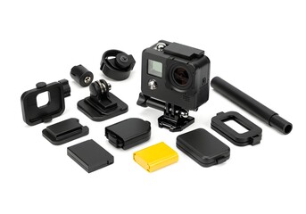 Various camera accessories and mounts arranged neatly, showcasing versatility for action photography