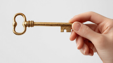 A hand holding a gold key