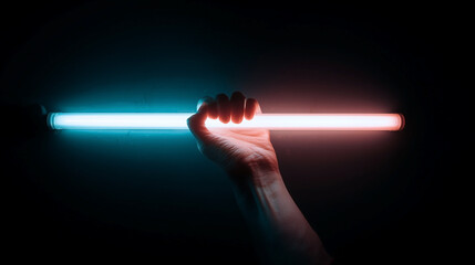 A hand holding a neon light