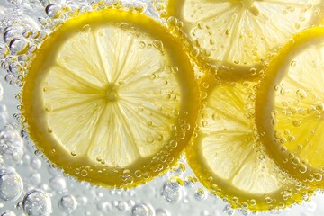 Vibrant lemon slices submerged in sparkling water creating a refreshing effervescent burst