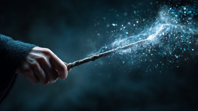 A person holding a wand with a blue and white sparkle