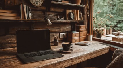 Cozy wooden workspace with a laptop, coffee cup, books, and natural light overlooking greenery through a large window