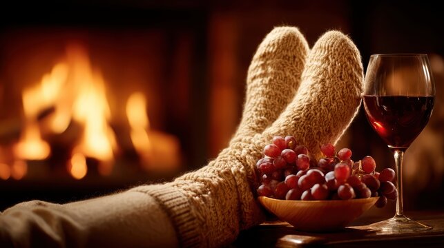 Cozy scene with feet in warm socks by a fireplace, a glass of red wine, and a bowl of grapes, evoking relaxation and comfort