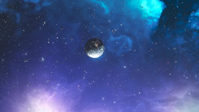 Meteor shower asteroids heading planet earth, camera zoom in
3d rendering sci fi concept outer space view,4k,2024 

