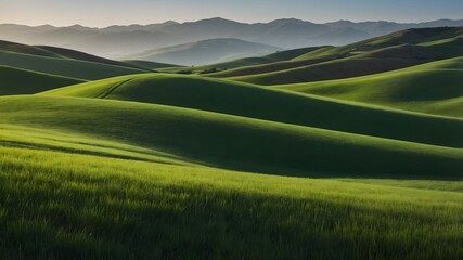 Obraz premium Colinas verdes suaves iluminadas al amanecer en un paisaje montañoso tranquilo