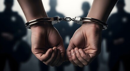 Locked in Justice: A poignant visual of hands secured in handcuffs, signifying the enforcement of law and the consequences of transgression, set against a backdrop of anonymous authority.