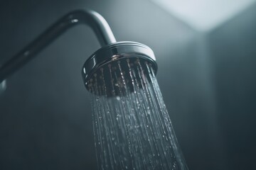 A close-up of a modern showerhead with water streaming down in a softly lit bathroom setting