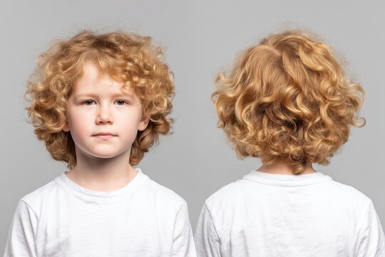 Young child with curly blonde hair shown from the front and back, wearing a plain white t-shirt against a neutral background