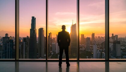 Obraz na płótnie Canvas Businessman views city skyline at sunset