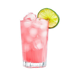 Delicious pink cocktail in a glass, with ice and lime slice.