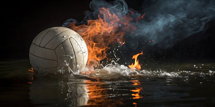 A dramatic close up captures a volleyball engulfed in flames and exploding with water droplets against a dark background showcasing a powerful and destructive moment