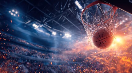 A basketball swishes through the hoop in a dramatic, fiery stadium scene filled with energy and excitement