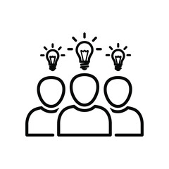 Illuminated Minds: A striking graphic symbolizing innovation and teamwork, three figures are interconnected, ideas radiate above their heads in a display of collaborative brainstorming.