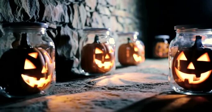 A row of carved Halloween pumpkins with glowing faces inside glass jars, illuminated at night.