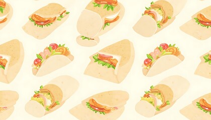 Fototapeta premium Tortilla Wrap Pattern Colorful Food Illustrations on Beige Background