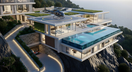 Spectacular futuristic mansion cantilevered on a coastal cliff with a rooftop helipad and a glass-walled infinity pool overlooking the sea