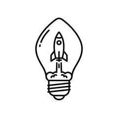 Idea of Launch: An innovative illustration featuring a rocket ship launching inside of a lightbulb, symbolizing groundbreaking ideas, creative innovation, and the spark of ingenuity.